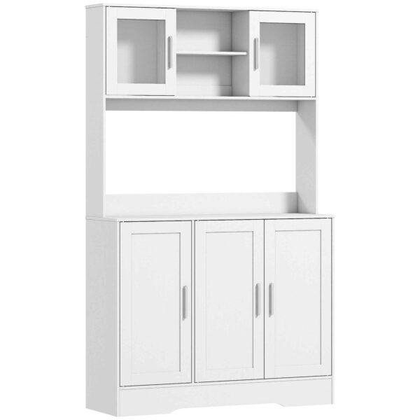 HOMCOM 4-Cup Pantry Unit with 2 Open Shelves and Worktop, Wood and Glass, 108x35x180 cm, White