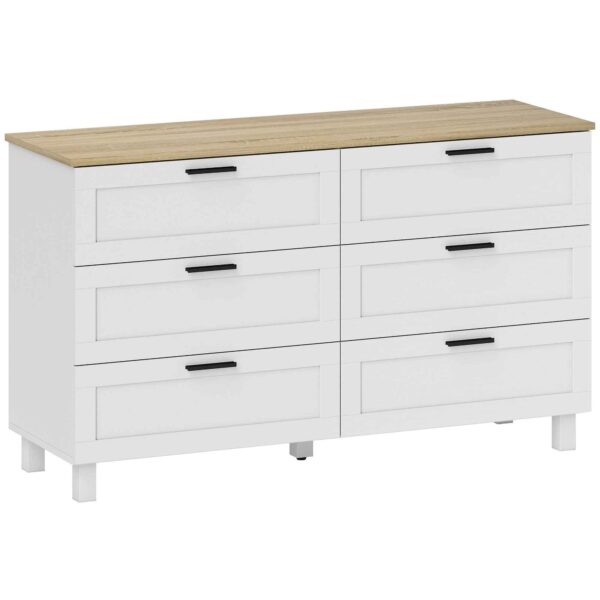 HOMCOM Modern 6-Drawer Chest of Drawers in Chipboard, Pine Wood and MDF, 120x38x71 cm, White and Wood Color