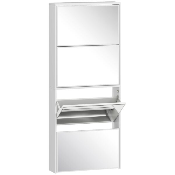 HOMCOM 4-Door Mirrored Shoe Rack, Anti-Tip, Wooden, 63x17x146 cm, White