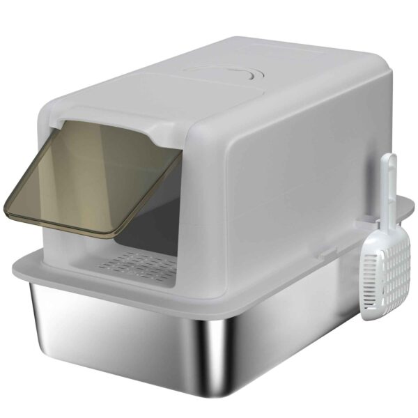PawHut Enclosed Cat Litter Box with Steel Tray, Scoop and Filters, 40.5x60.5x41.5 cm, Grey and Silver