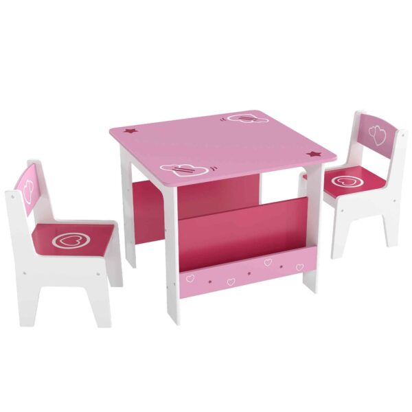 AIYAPLAY Children's Table and Chair Set for 3-8 Years Old, MDF Wooden Coffee Table with Shelf and Heart Design, Pink