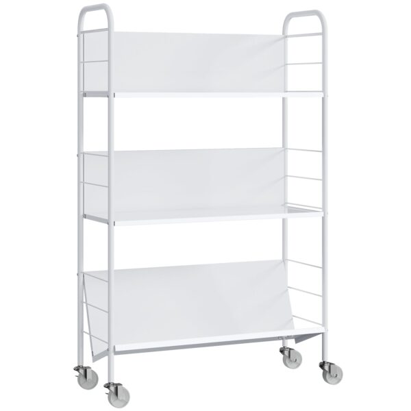 HOMCOM Modern 3-Tier Book Cart with Swivel Wheels for Books and Magazines, 69x26x108 cm, White