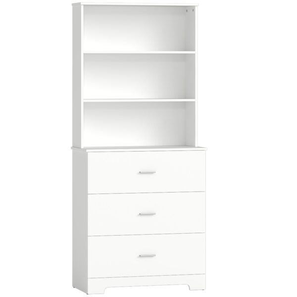 HOMCOM Wall-Mounted Bookcase with 3 Open Shelves and 3 Drawers, Wooden, 79x39.5x182.2 cm, White