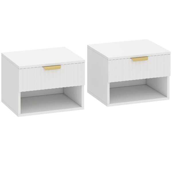 HOMCOM Set of 2 Floating Nightstands with Grooved Panels, Drawer and Shelf, 40x34x29 cm, White