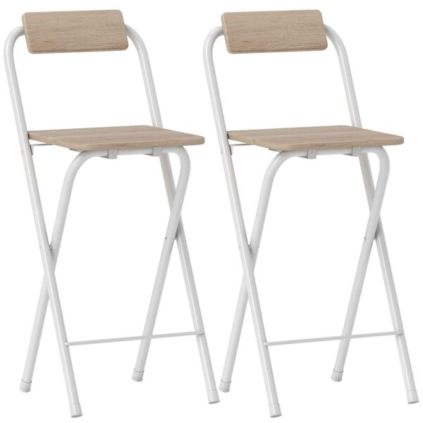 HOMCOM Set of 2 Folding Bar Stools with Footrest, in Wood and Steel, 37x45x87 cm, Wood