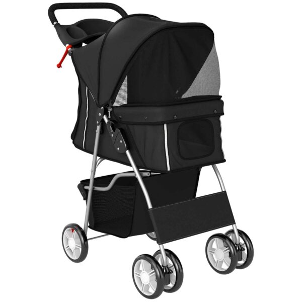 PawHut Folding Dog Stroller with Basket and Cup Holder, Max. Weight 10 kg, 77 x 44 x 102 cm, Black