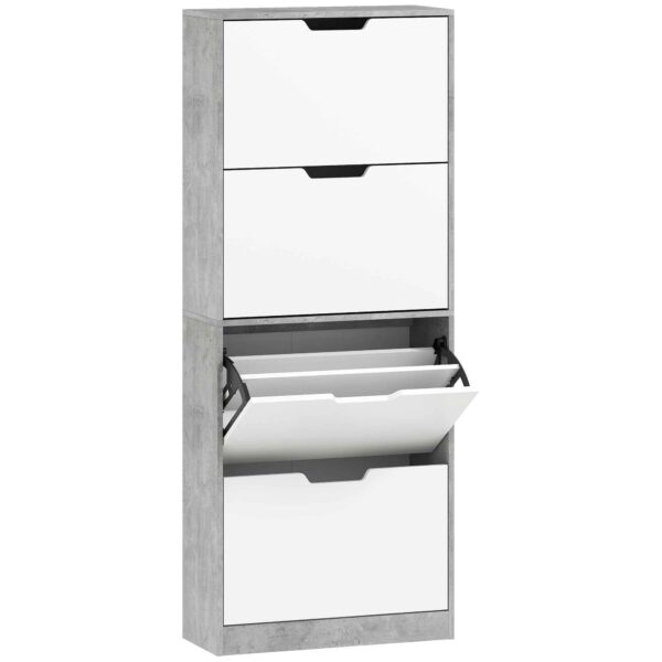 HOMCOM Space-Saving Modern 4-Door Shoe Rack for 16 Pairs of Shoes, 62.5 x 26 x 156 cm, Cement Grey