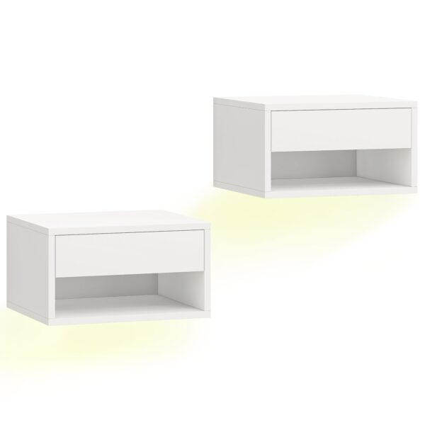 HOMCOM Set of 2 Wall-Mounted Bedside Tables with Built-in RGB LED Lights and APP Control, Drawer and Shelf, 37x32x21 cm, White