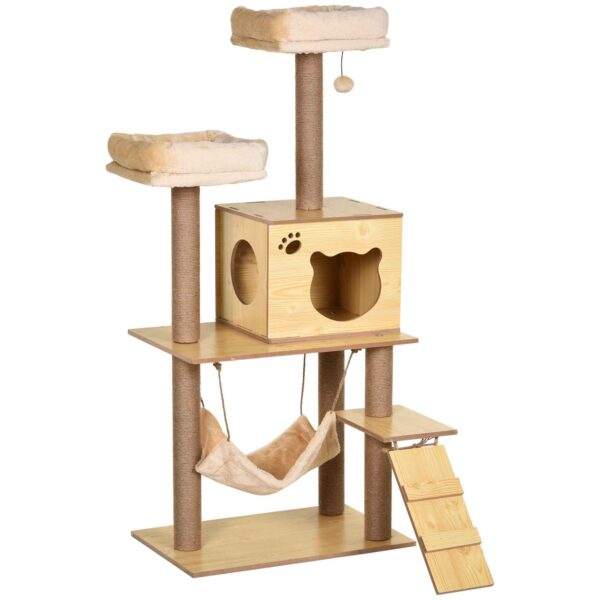 PawHut Cat Scratching Tree with House, 2 Beds, Hammock and Ball, Made of Wood, Polyester and Sisal, 60x40x130 cm