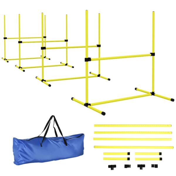 PawHut Set of 4 Agility Dog Training Hurdles, Adjustable Height, with Carry Bag, Yellow