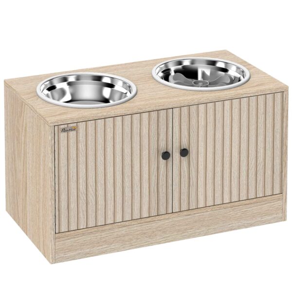 PawHut Dog Bowl Stand with 2 x 2L Stainless Steel Bowls and Lower Cabinet, Wooden, 60x30x35.5 cm, Oak