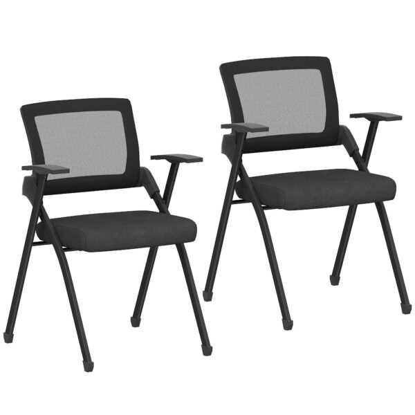 HOMCOM Set of 2 Folding Chairs with Curved Backrest and Armrests, in Linen-Effect Fabric and Steel, 61x56x84 cm, Black