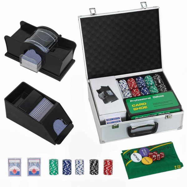 SPORTNOW Poker Set with 300 Chips, Card Shuffler and Dealer, Mat, 5 Dice, Dealer Button and Case