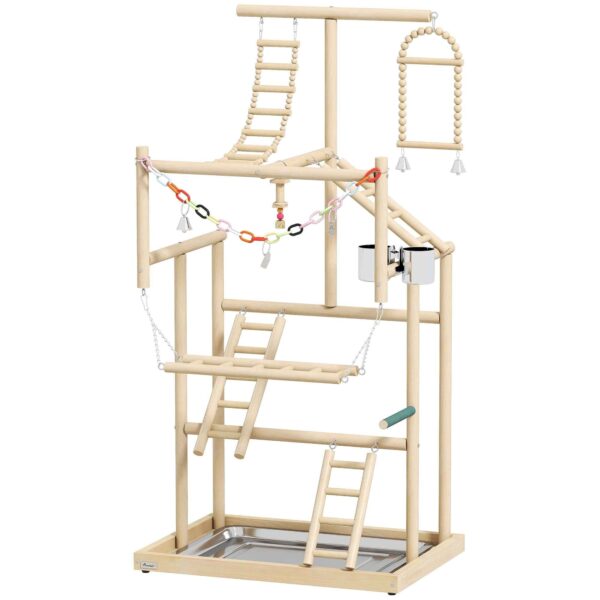 PawHut Parrot Perch with Toys, Ladders, Chains, Bowls, Removable Tray and Perches, Natural Wood