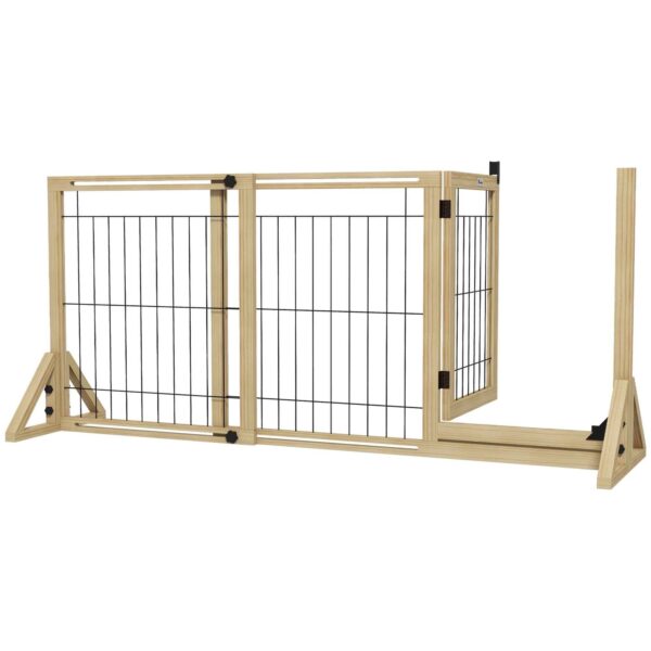 PawHut Extendable Dog Gate with Door and 2 Panels, Triangular Feet, 112-159x70 cm, Natural Wood