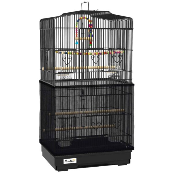 PawHut Bird Cage with Handle, Removable Tray, Wooden Perches, Swing and Bowls, 46.5x35.5x92cm, Black