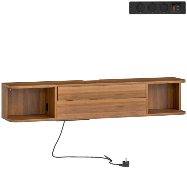 HOMCOM Wall-Mounted TV Stand for up to 50" with Power Sockets, USB and Type-C, Drawer and Shelves, 120x24x22.4 cm, Walnut