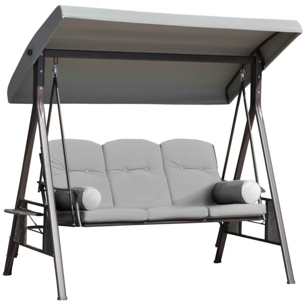 Outsunny 3-Seater Garden Swing with Adjustable Canopy, Cup Holder and Cushions, 208x121x172 cm, Light Grey