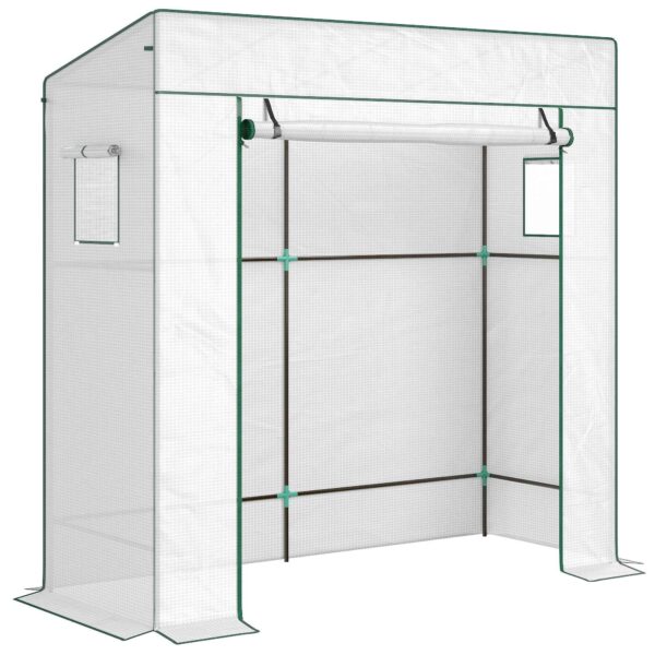 Outsunny Greenhouse for Plants with 2 Side Mesh Windows and Roller Door, in PE and Steel, 196x77x197 cm, White