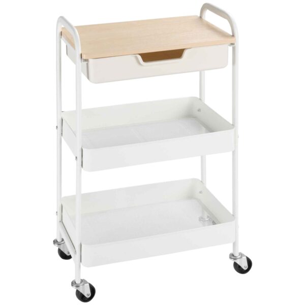 HOMCOM Multipurpose Kitchen Cart with Swivel Wheels, 2 Baskets, Drawer and Wooden Top, White