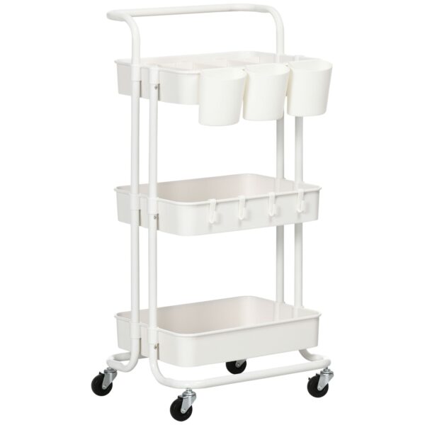 HOMCOM 3-Tier Multipurpose Kitchen Cart with Removable Baskets and Hooks, Shelf with 12 Dividers, White