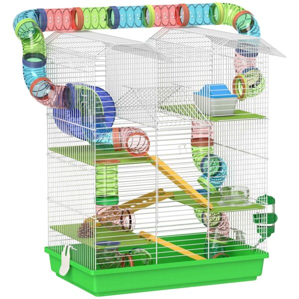 PawHut 5-Story Hamster Cage with Colorful Tubes, Wheel, House and Accessories, 47x30x59 cm, Green