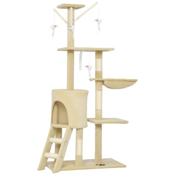 PawHut Cat Tower with House, Perch, Platforms and 4 Hanging Mice, 60x35x134 cm, Beige
