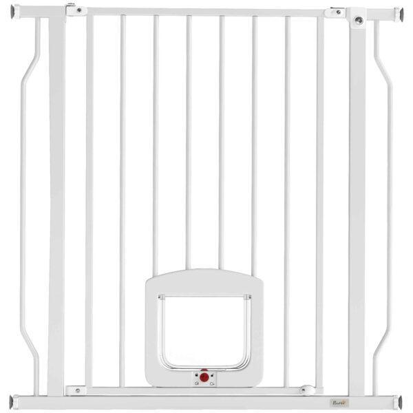 PawHut Extendable Dog and Cat Gate with Integrated Cat Flap, Steel and ABS, 75-85x2x76 cm, White