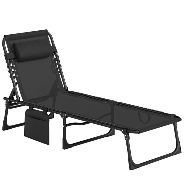 Outsunny Folding Garden Lounger with 5-Position Reclining Backrest and Cushion, 185x58x30cm, Black