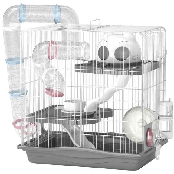 PawHut 3-Tier 14-Tube Hamster Cage with House, Ramp, and Accessories, Metal and Plastic, 45x30x45 cm, Grey