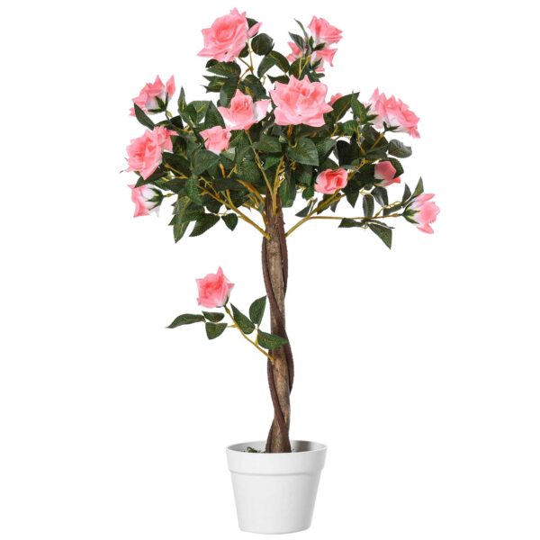 Outsunny 21-Flower Fake Rose Plant with Cement and Moss Filled Pot, Ø18x90 cm, Pink
