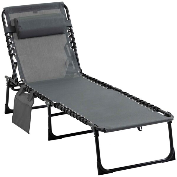 Outsunny Folding Garden Lounger with 5-Position Reclining Backrest and Cushion, 185x58x30cm, Grey