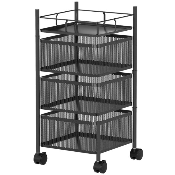 HOMCOM 3-Tier Kitchen Cart with Rotating Metal Baskets, Wheels and Brake, 27.5 x 27.5 x 62 cm, Black