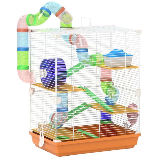 PawHut 5-Level Hamster Cage with Tubes, Wheel, Ladders, House and Bottle, 46x30x58 cm, Orange