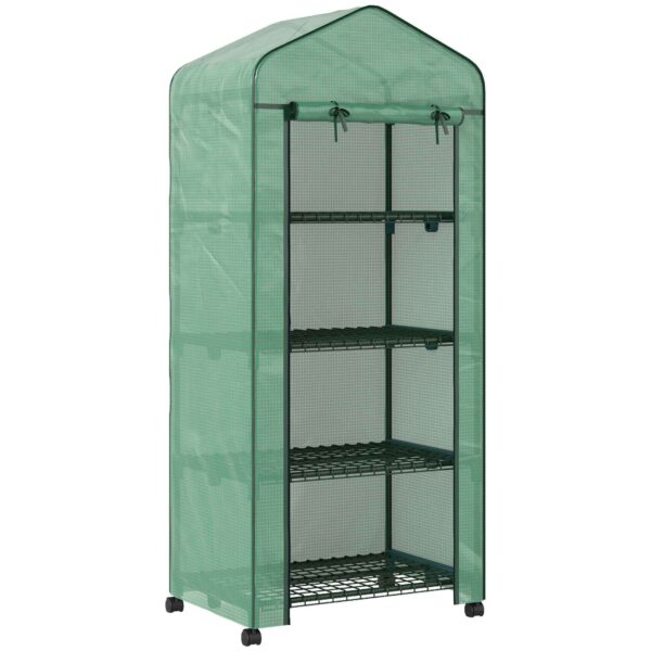 Outsunny 4-Tier Balcony Greenhouse with 4 Wheels and Roll-Up Entrance, Steel and PE, 69x50x165 cm, Green