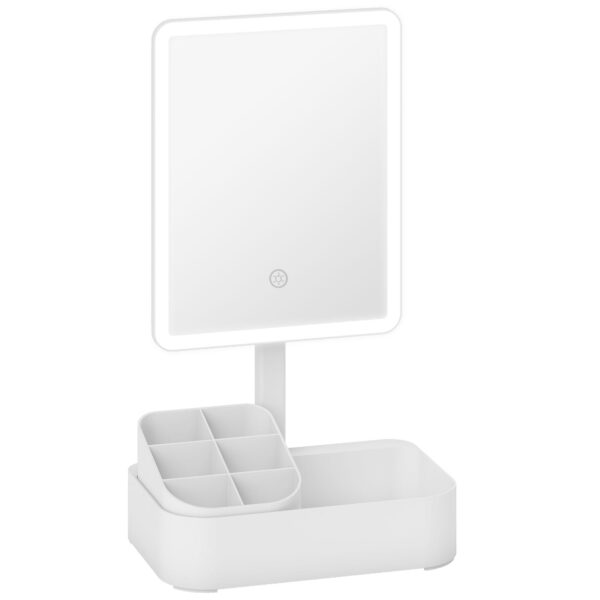 HOMCOM Makeup Mirror with 2-Level Adjustable Light, 180° Rotation and Makeup Organizer, White