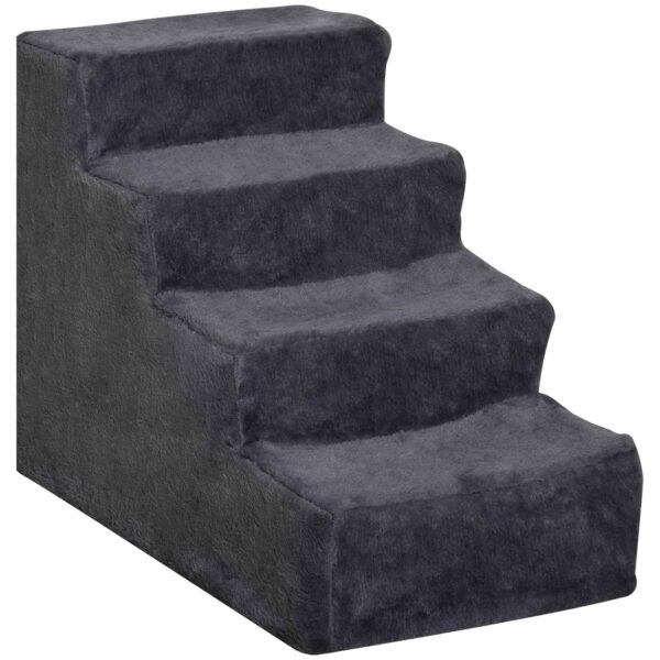 PawHut Portable 4-Step Dog Stairs, Removable Velvet Fabric and Wood, 60x35x44 cm, Dark Grey