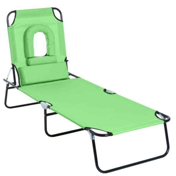 Outsunny Folding Deck Chair with Reading Hole and Cushion, 4-Level Reclining, Oxford Fabric and Steel Frame, Green