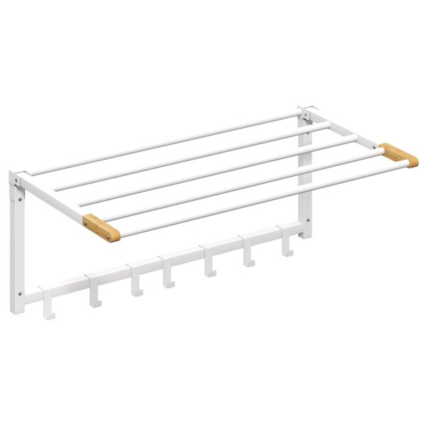 HOMCOM Folding Wall-Mounted Towel Rack with 5 Bars and 6 Hooks in Wood and Steel, 60x32.5x20 cm, White