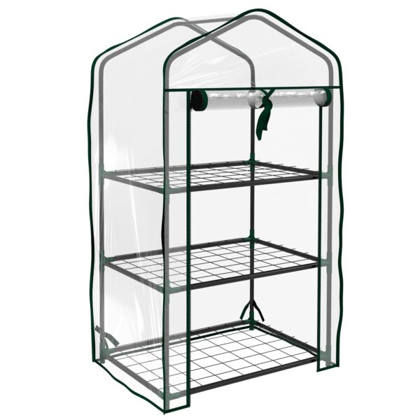 Outsunny Mini Garden Greenhouse with PE Cover, 3 Shelves and Roll-Up Door, 59x39x127 cm, Transparent
