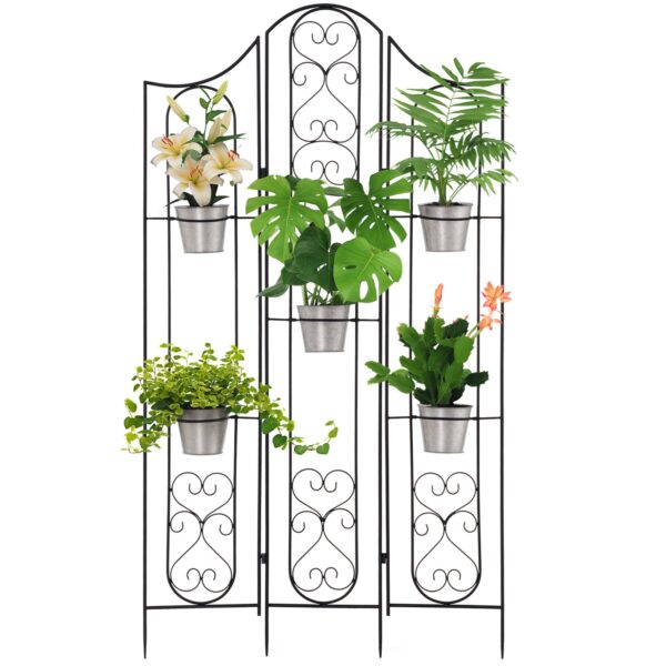 Folding Vertical Plant Stand with 5 Outdoor Metal Pots, 82x12.5x150cm, Black
