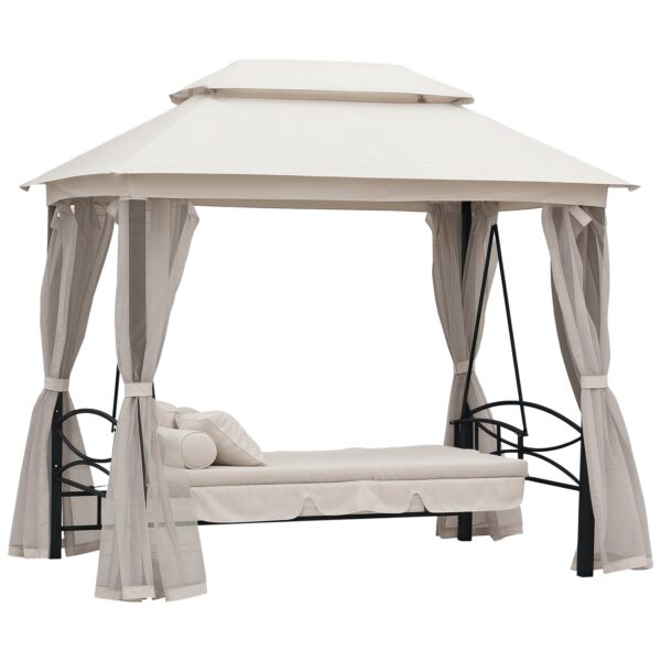 3-Seater Swing and Single Sun Lounger Gazebo Cover with Mosquito Net and Cushions 256x172x248cm Cream