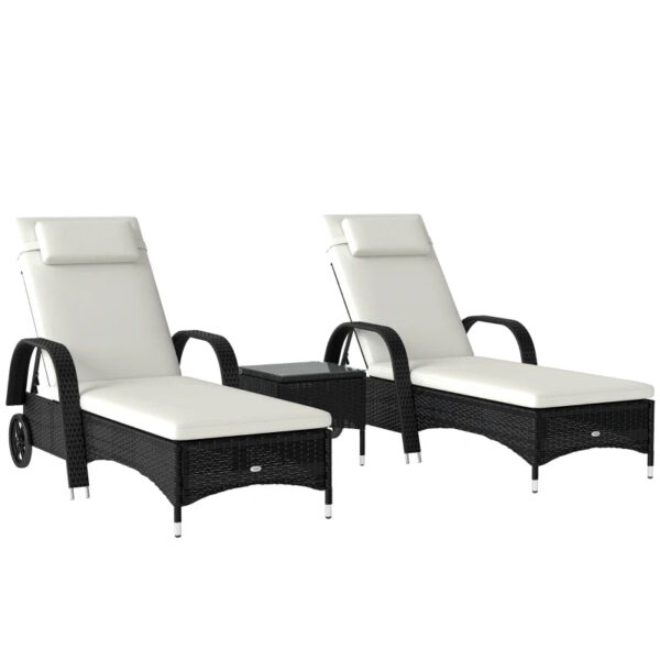 Garden Set with 2 Deck Chairs with Reclining Backrest and Low Table in PE Rattan, Black