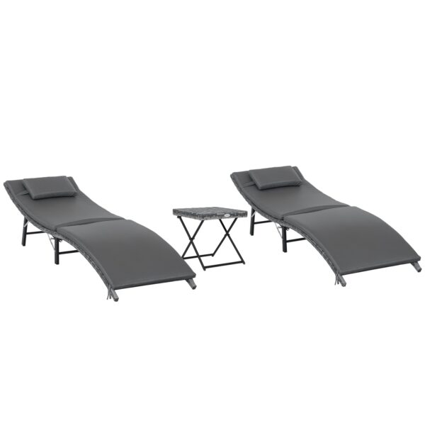 Folding Sun Loungers with Removable Cushions and Folding Table, 3-Piece Rattan Set, Grey