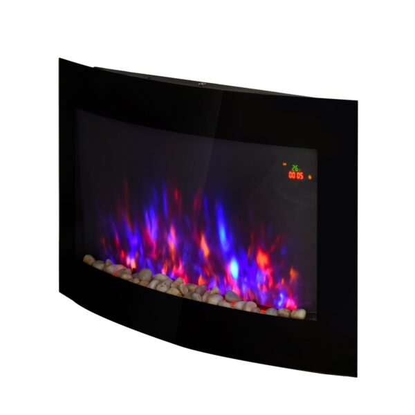 Electric Wall Fireplace with Colorful Flame Effect and Remote Control, Stainless Steel and Glass, 65 x 11.4 x 52 cm, Black