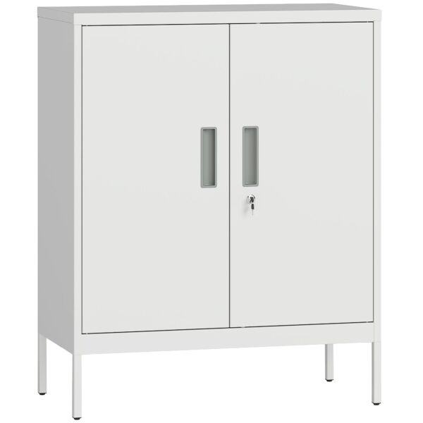 2-Tier Adjustable Steel Office Cabinet with Lock and 2 Keys, 80x40x100cm, White