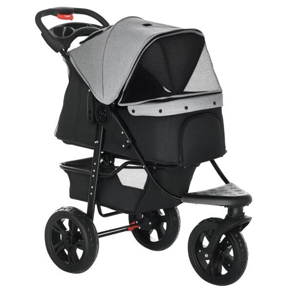 2-in-1 Folding 3-Wheel Dog Stroller with Brake, Storage Basket and Bottle Holder, Steel and Oxford, Grey and Black, 109.5x57.5x106.5cm