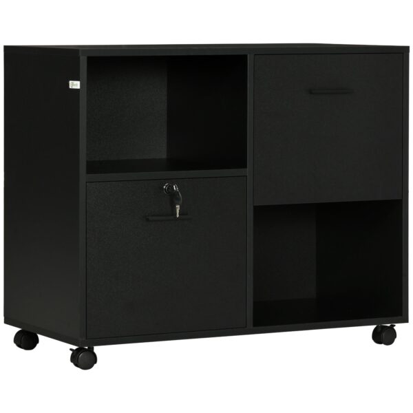 Mobile Office Cabinet with 2 Drawers for Documents and Shelves, Lockable Wheels, 80x40x66cm, Black