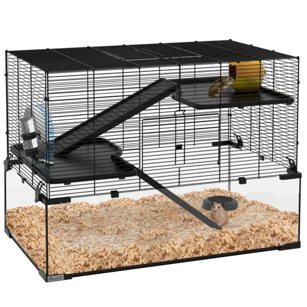 3-Tier Hamster Cage with Tempered Glass Base, Wheel and Accessories, 76.5 x 48.5 x 54.5 cm, Black