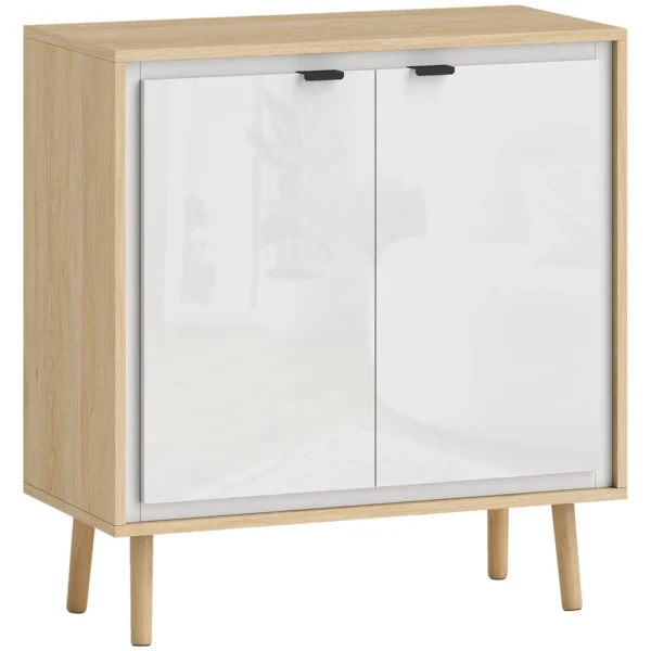 Modern 2-Door Sideboard with Adjustable Shelf, 72x35x77 cm, Gloss White and Oak